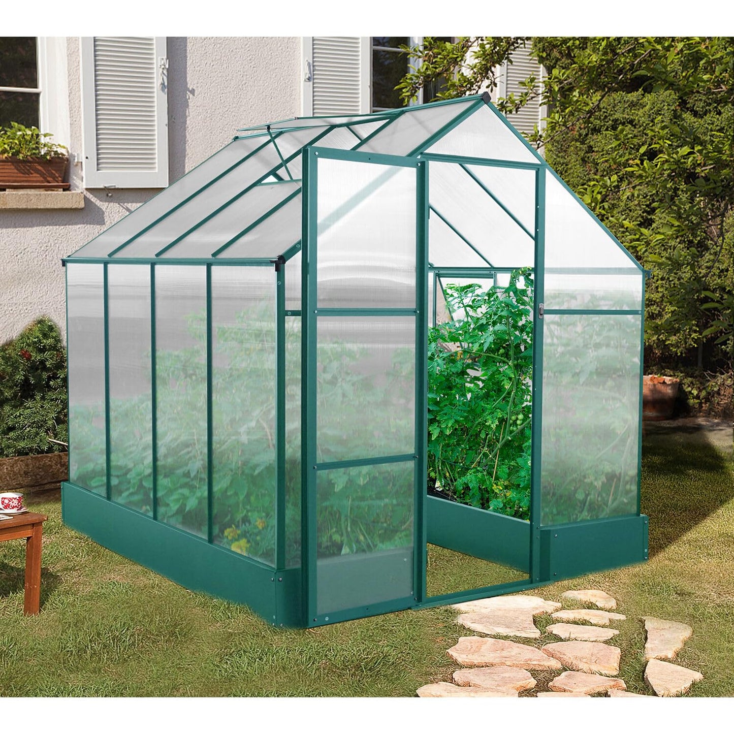 Hanover 8-Ft. x 6-Ft. Polycarbonate Walk-In Greenhouse with Planter Beds, Galvanized Steel Base, Aluminum Frame, Window and Roof Vent, Weather Resistant Flower House for Backyard or Garden