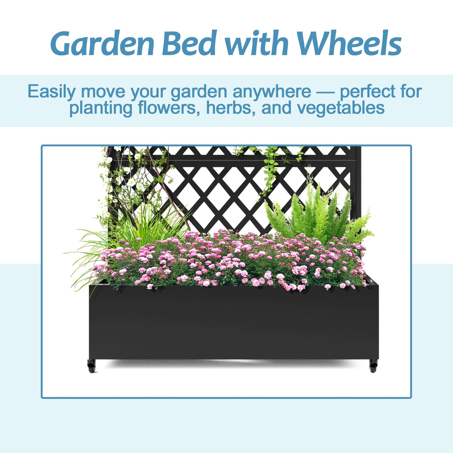 TUYOHW Metal Planter Box with Trellis & Wheels, Raised Garden Bed with Privacy Screen, Outdoor Standing Flower Beds with Drainage Hole for Climbing Plants, Vine, 47.2''L×15.7''W×70.9''H, Black
