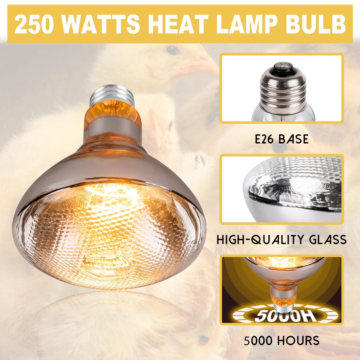Wesome Lighting 4 Pack 250 Watts Heat Lamp Bulbs for Chickens,PAR38 Clear Glass Brooder Heat Lamp, Infrared Reflector Heat Bulbs for Pets, Bathroom, Food Service