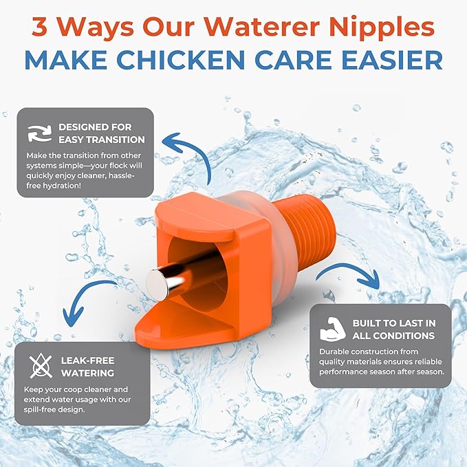 Lil'Clucker Horizontal Chicken Waterer Nipples, Pack of 15 Chicken Nipple Waterer with Drill Bits, Easy Install Automatic Chicken Waterer System, No Leak Chicken Water Feeder, Poultry Waterer - Orange