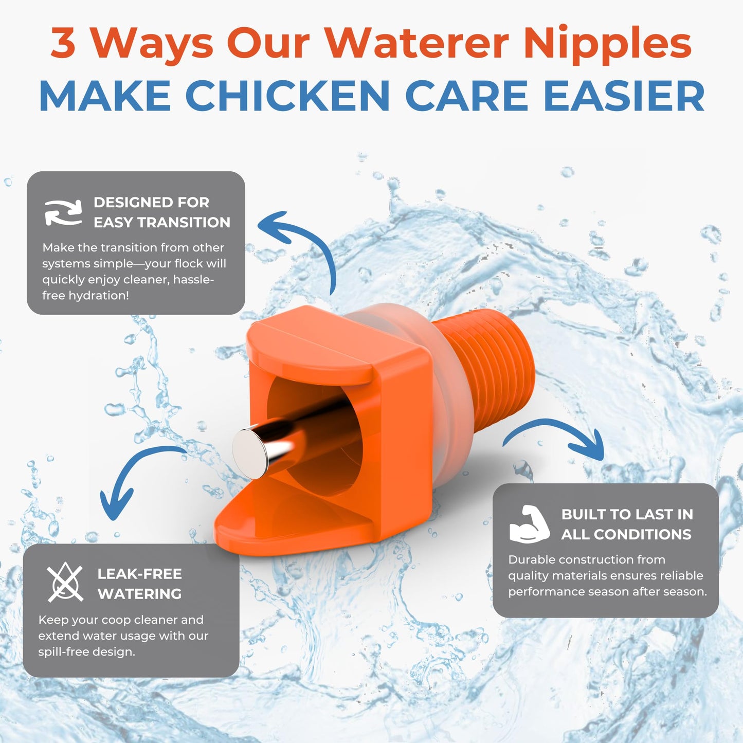 Lil'Clucker Horizontal Chicken Waterer Nipples, Pack of 15 Chicken Nipple Waterer with Drill Bits, Easy Install Automatic Chicken Waterer System, No Leak Chicken Water Feeder, Poultry Waterer - Orange