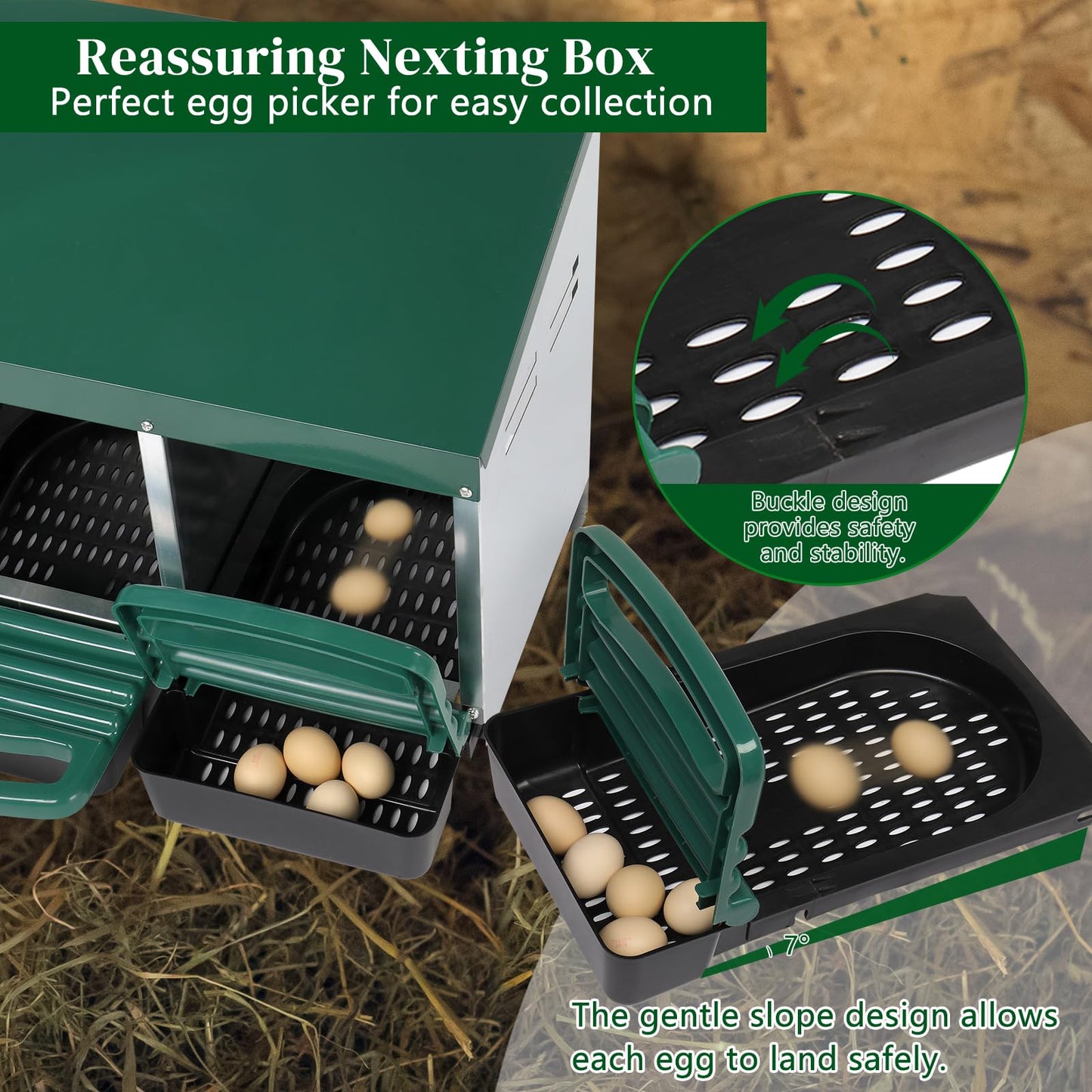 Outvita Chicken Nesting Box, 3 Compartments Chicken Laying Box, Hanging Nesting Box with Egg Saver, Perch Cover for Hen