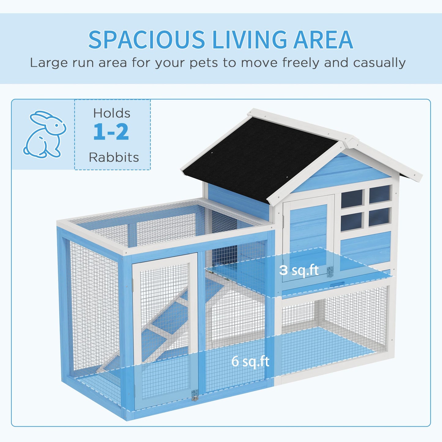 PawHut 48" Wooden Rabbit Hutch Bunny Cage with Waterproof Asphalt Roof, Fun Outdoor Run, Removable Tray and Ramp, Light Blue