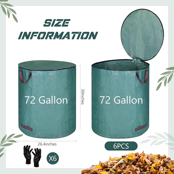 Eaasty 6 Pack 72 Gallon Leaf Bags Collapsible Lawn Bags Reusable Garden Bags Heavy Duty Yard Waste Bags Leaf Container with Zippered Lid Handle 6 Pairs Gardening Gloves for Cleaning Debris Trash