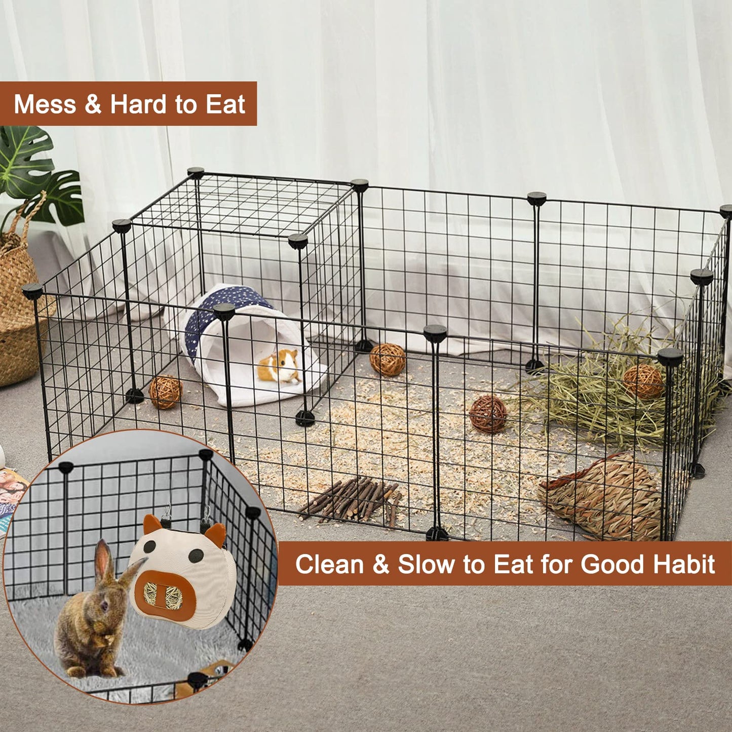 Zhilishu Rabbit Hay Feeder Bag, Hay Feeder for Guinea Pig Timothy Hay Feeder Dispenser Storage with 2 Hanging Hooks for Bunny Small Animal Cage Mess Free (Brown)