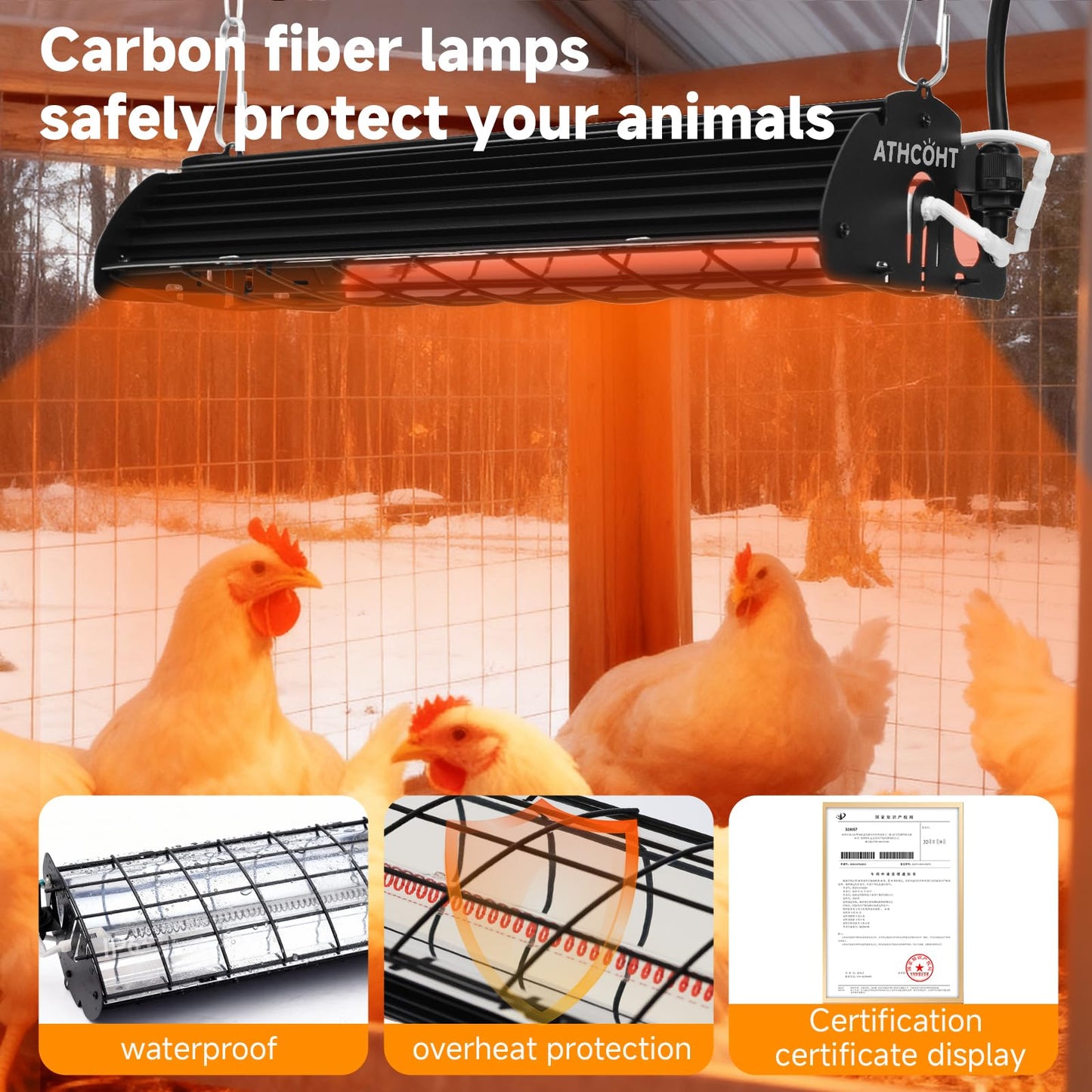 Large Chicken Coop Heater Lamp, 400W Carbon Fiber Heating Plate, Adjustable Temperature & Height, Safe Overheat Protection, Ideal for Poultry, Chicks, Livestock & Pets