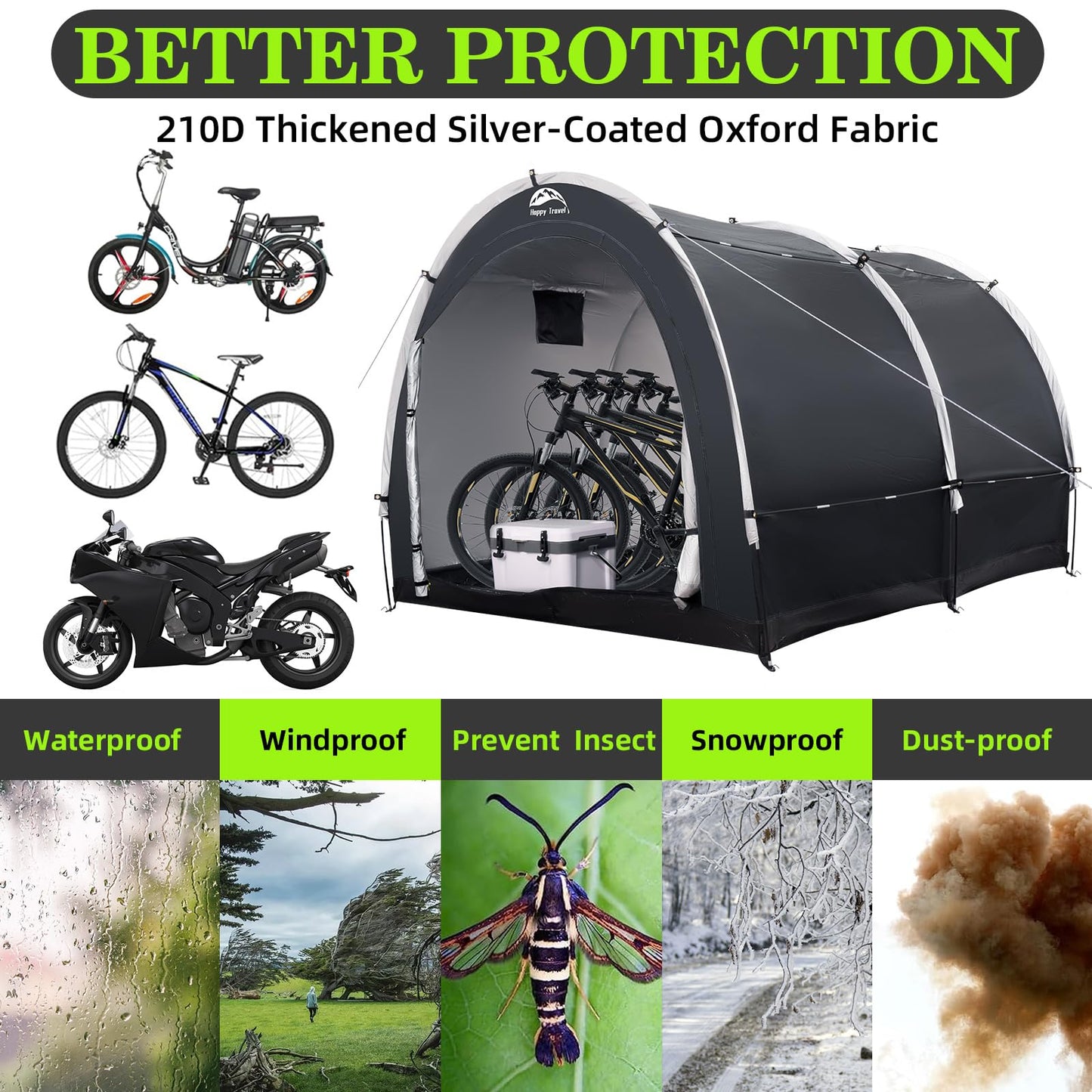 Happy Travel Bike Storage Tent Shed, Outdoor Waterproof Bicycle Covers Shelter with Window for 2/3/4/6/8 Bikes,Oversized Outside Portable Sheds for Lawn Mower,Garden Tools