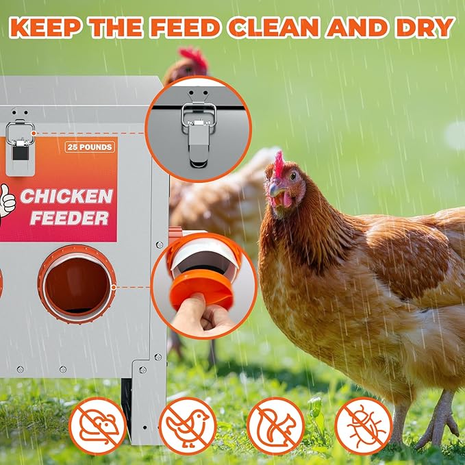 4 Ports Metal Chicken Feeder No Waste 25 Pounds Automatic Poultry Feeder with Latch & Handle for Chickens Bantams Pheasants Poultry Coop Rodent Proof