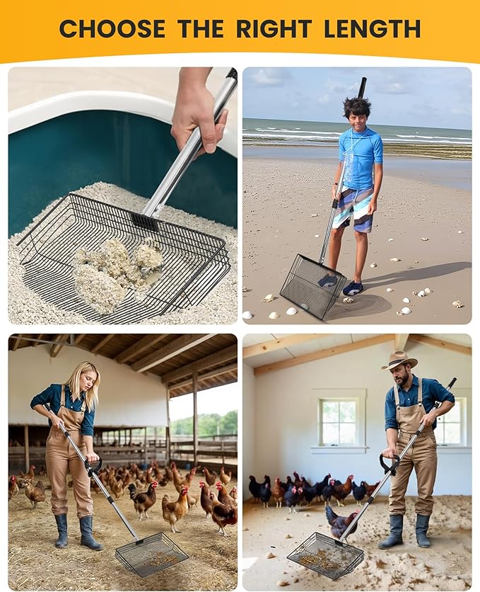 15" Extra Large Chicken Poop Scooper with Ergonomic Grip, Adjustable Length (24.6"–76.6"), Metal Sifting Shovel with Holes for Chicken Coop Cleaning, Multifunctional Chicken Manure Scoop