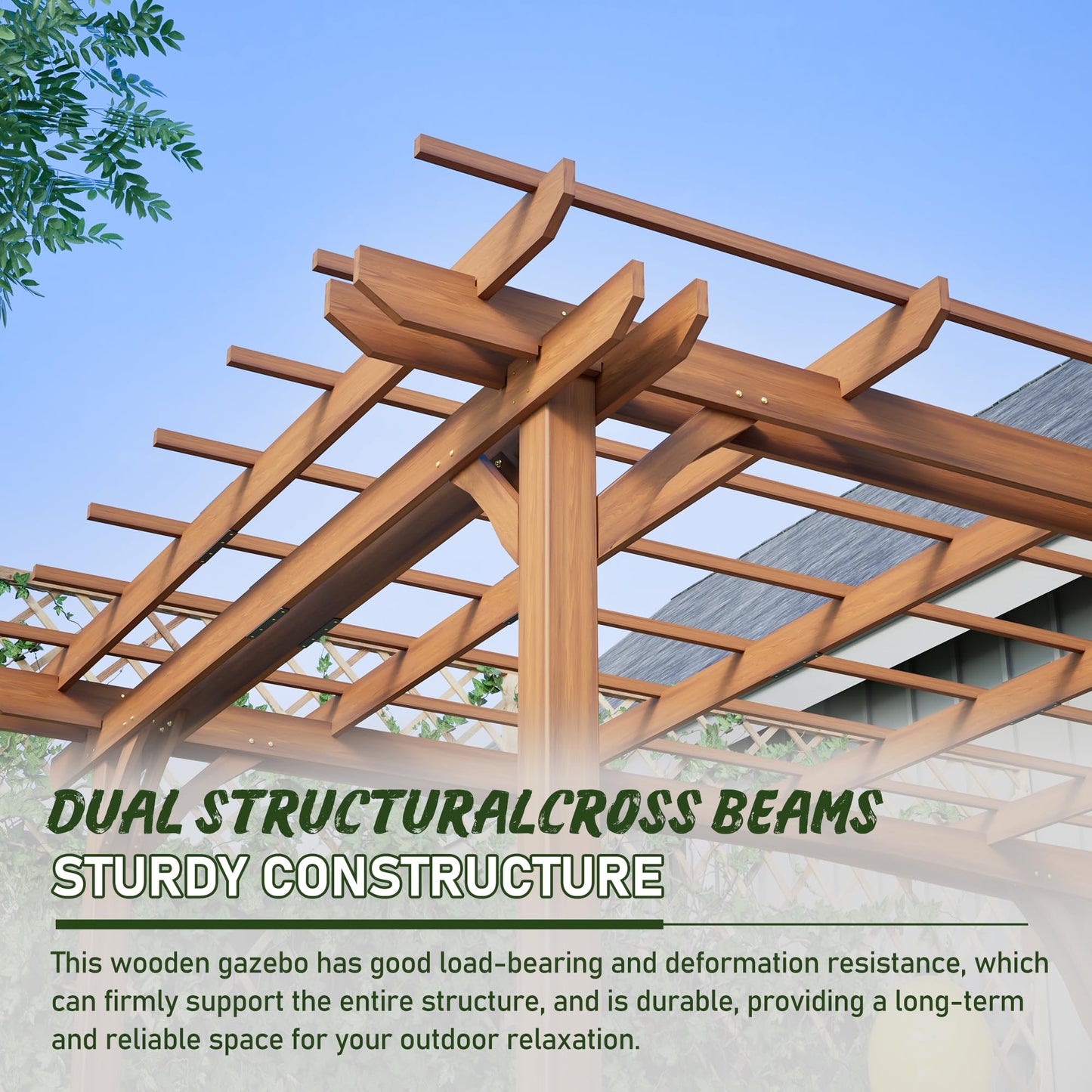 KEIKI 12 x 10 FT Outdoor Wood Pergola, Wooden Grape Trellis for Climbing Plant Support, Garden, Patio, Backyard, Deck, Brown