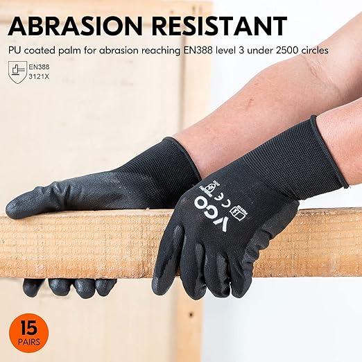 Vgo... 15-Pairs Safety Work Gloves, Gardening Gloves, Polyurethane Coated, Dipping Gloves, Latex Free (Size S, Black, PU2103)
