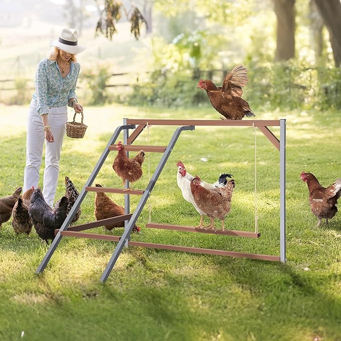 PETSFIT Chicken Perch for Coop-Solid Wood and Rustproof Iron Roosting Bar with Swing - Ideal for Backyard Poultry, Chicken Coops, and Farms-Easy to Assemble and Clean