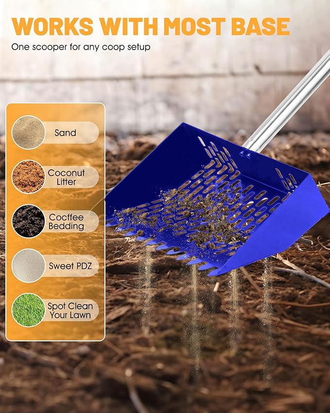Chicken Poop Scooper & Rake - 2-in-1 Metal Chicken Coop Scoop for Sand with 22 to 62" Adjustable Handle, Litter Sifting Shovel Cleaning Tools for Chicken Run, Animal Farm, Duck Coop Blue