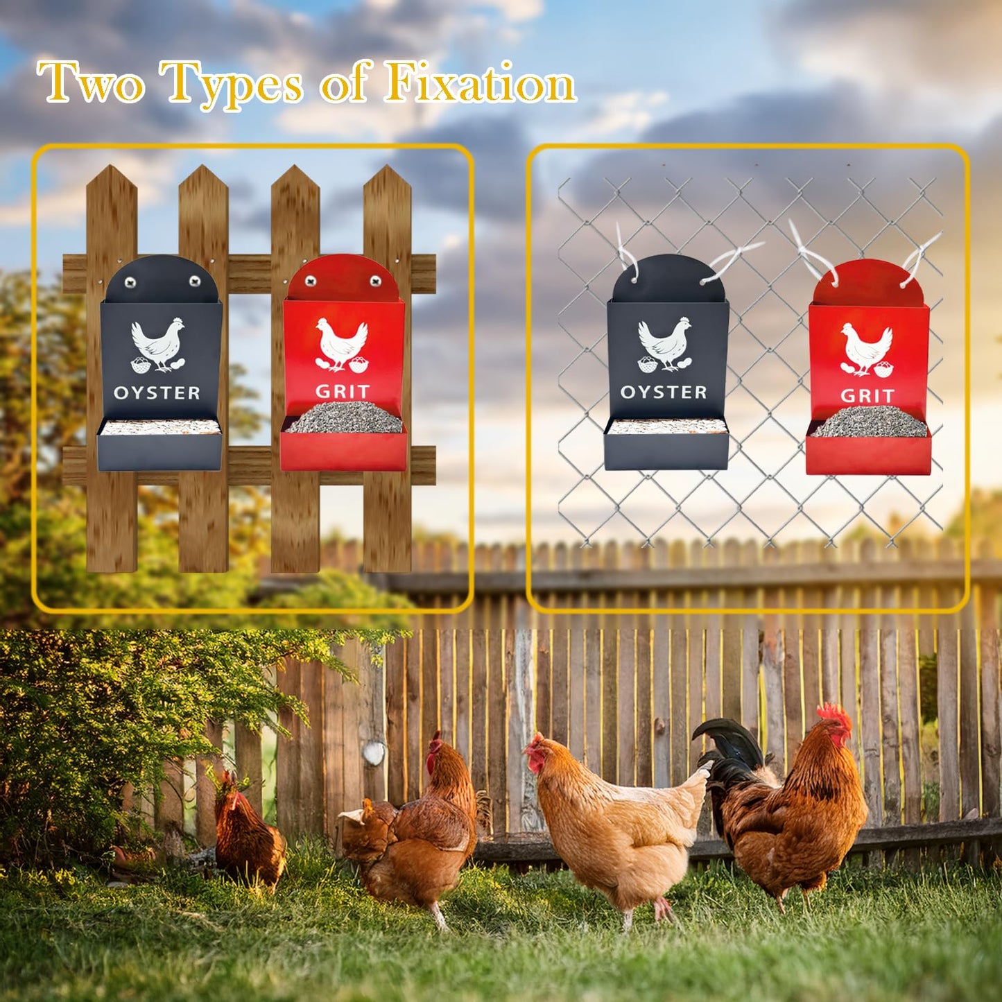 Automatic Chicken Oyster Shell & Grit Feeder,Hanging Metal Poultry Feeder Trough, Gravity-Fed Chicken Coop Accessory, Durable Black + Red Design
