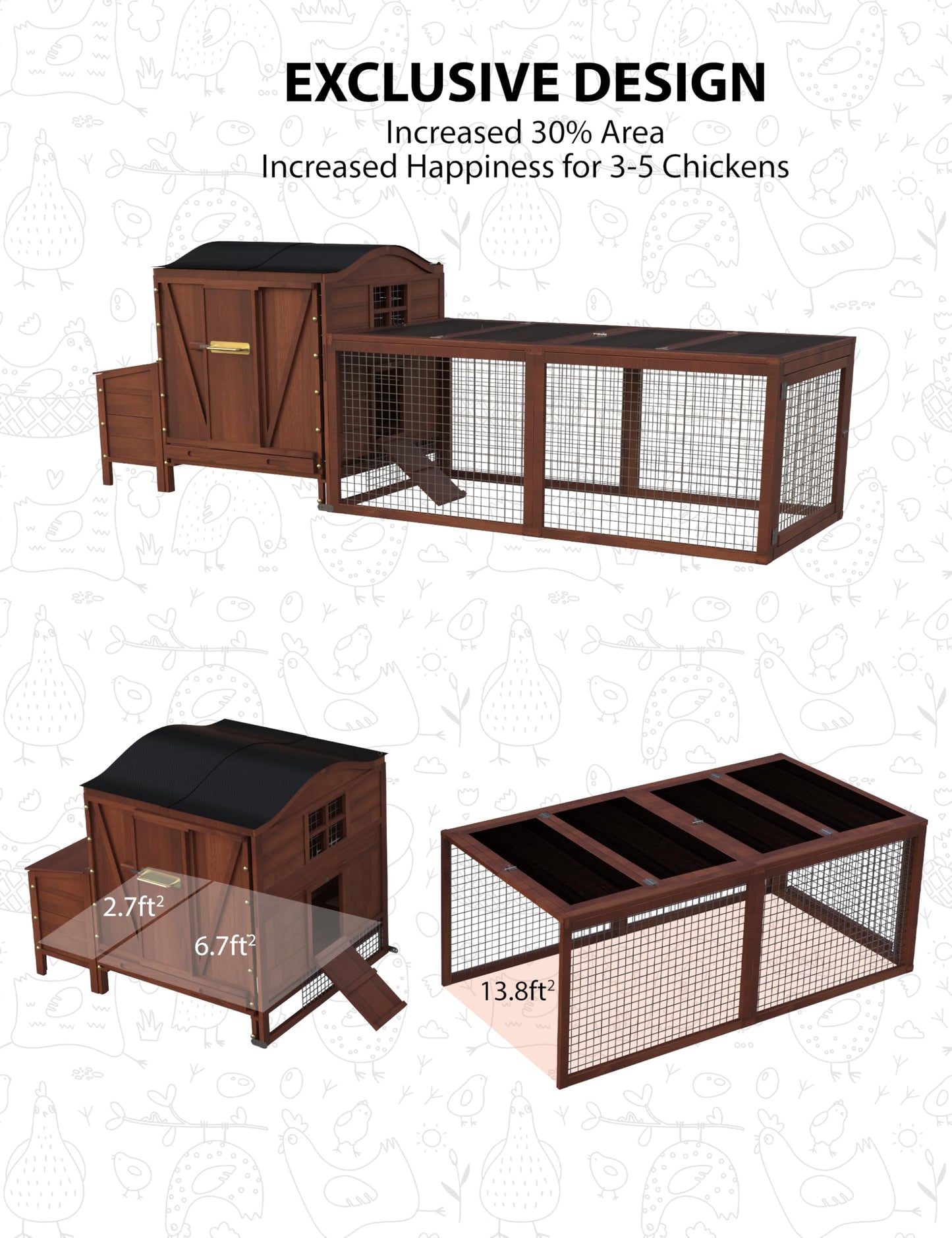 Hipicute Wooden Chicken Coop, Chicken Coop for 3-5 Chickens, 106in Chicken Coop with Run, Outdoor Chicken Coop with Waterproof Roof, Nesting Box, Pull Out Trays and Ramp, Red