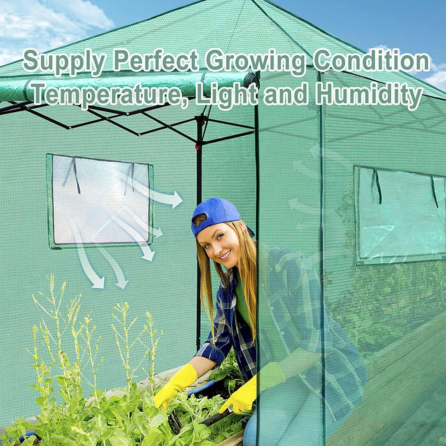 PexFix 8'x 8' Portable Walk-in Greenhouse for Outdoor & Indoor, Easy to Assemble Pop up Grow Greenhouses with Sturdy PE Cover and Roll-Up Windows & Door for Flowers, Fruits, Herbs Growing