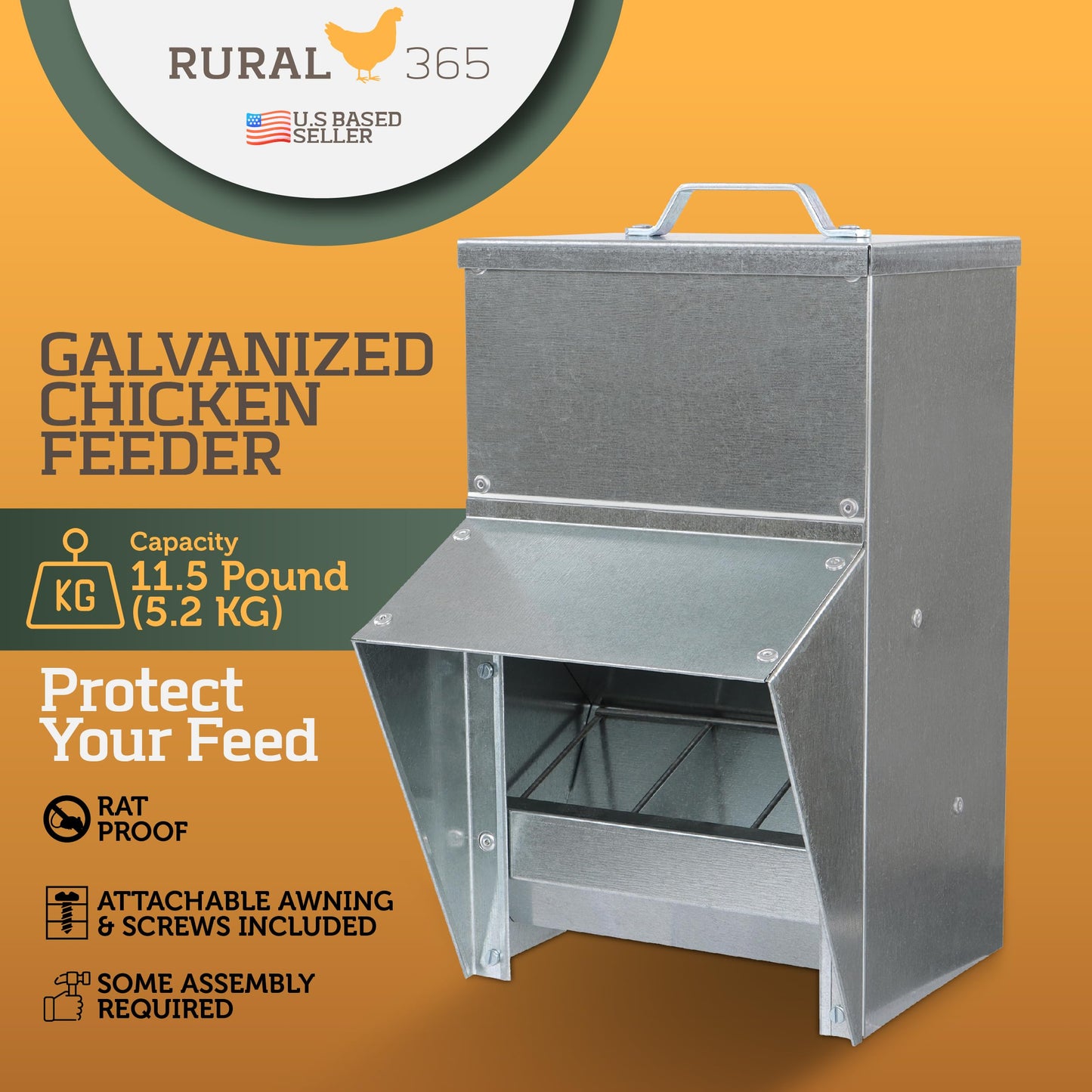 Rural365 11.5lb Capacity Galvanized Chicken Feeder - Rat Proof Poultry Feeder with Lid Weatherproof Outdoor Coop Food Dispenser