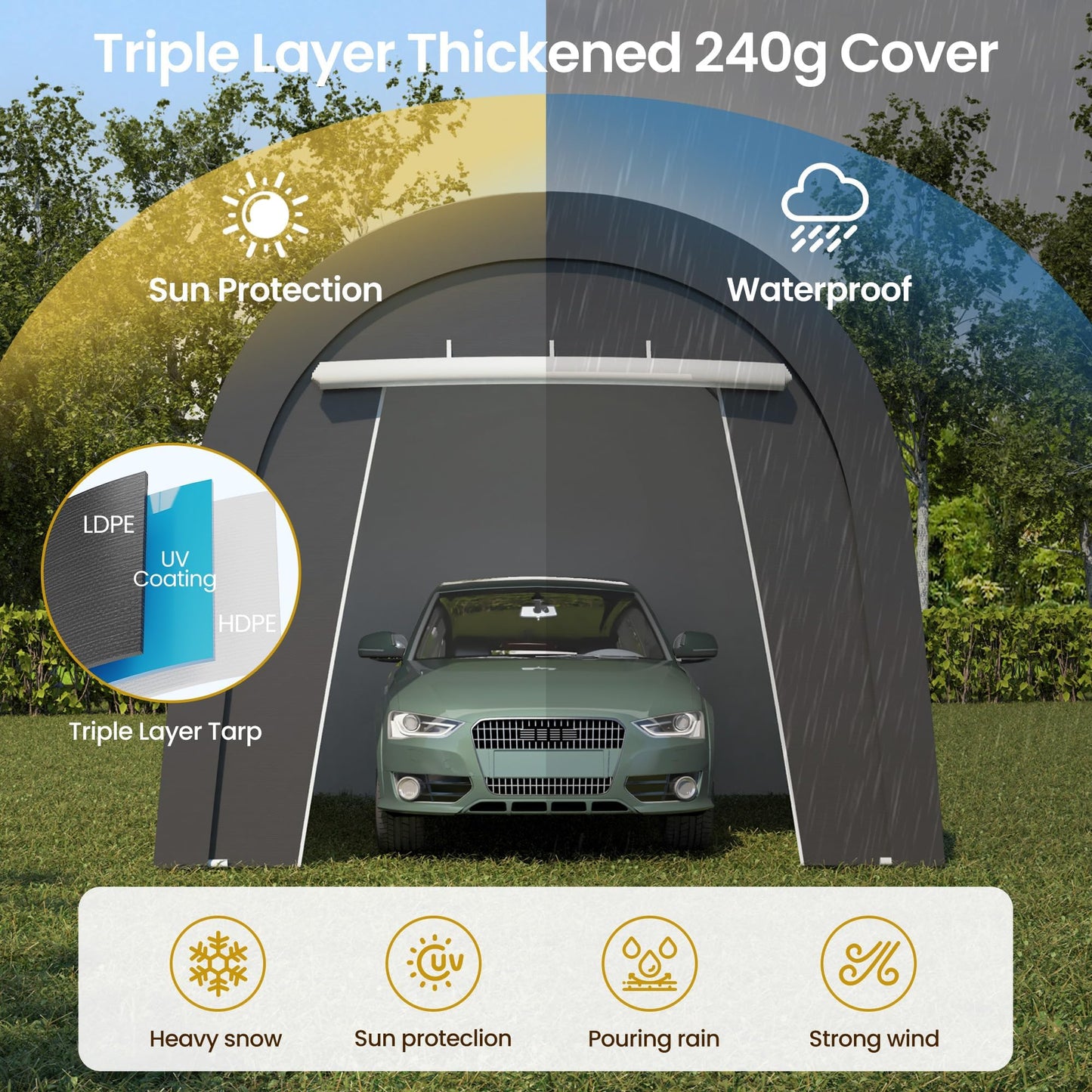 FansaFurn Carport, 10'x15' Outdoor Round Portable Garage with 2 Roll up Doors, Heavy Duty Storage Shelter Car Canopy Party Tent, Dark Gray