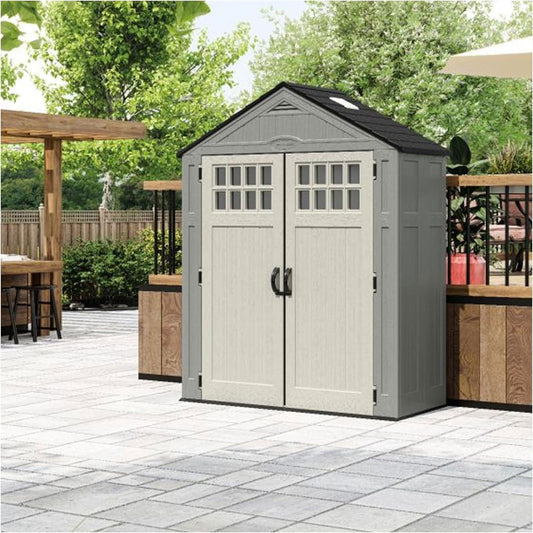 Suncast BMS6312D Everett 6' x 3' Heavy-Duty Resin Outdoor Pad-Lockable Double Doors and Windows All-Weather Shed for Yard Storage, Dove Gray
