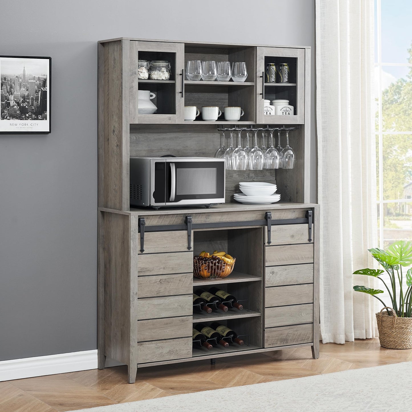 GAOMON Farmhouse Bar Cabinet with Sliding Barn Door, 70" Rustic Buffet Cabinet with Storage Shelves, Liquor Cabinet with Wine and Glasses Rack, Sideboard Cupboard for Kitchen, Dining Room, Gray