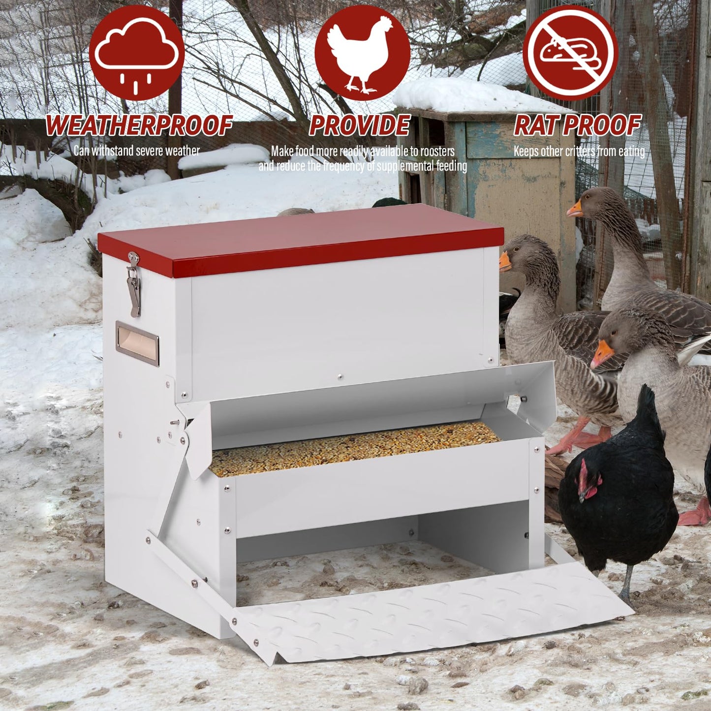 LZWUNYXE Automatic Chicken Feeder No Waste 25lbs Treadle Chicken Feeder Galvanized with Rat Proof Cover and Weatherproof Lid for Fowl,Pheasants,Duck and Roosters