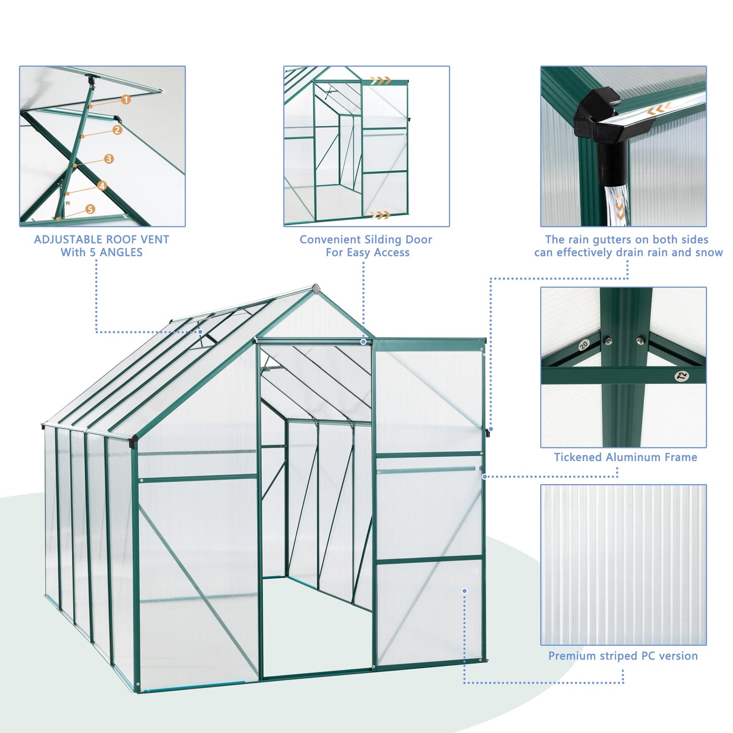 KELRIA 6x10 FT Hybrid Polycarbonate Greenhouse with Sliding Door and Adjustable Vent Window Walk-in Hobby Greenhouses Aluminum Heavy Duty Hot House for Outdoor Garden Backyard, Green