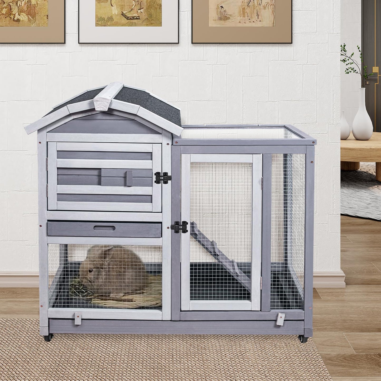GEGURI Rabbit Hutch Indoor Outdoor, Bunny Cages Wooden Pet House for Guinea Pig with Wheels, Removable Tray, Ramp
