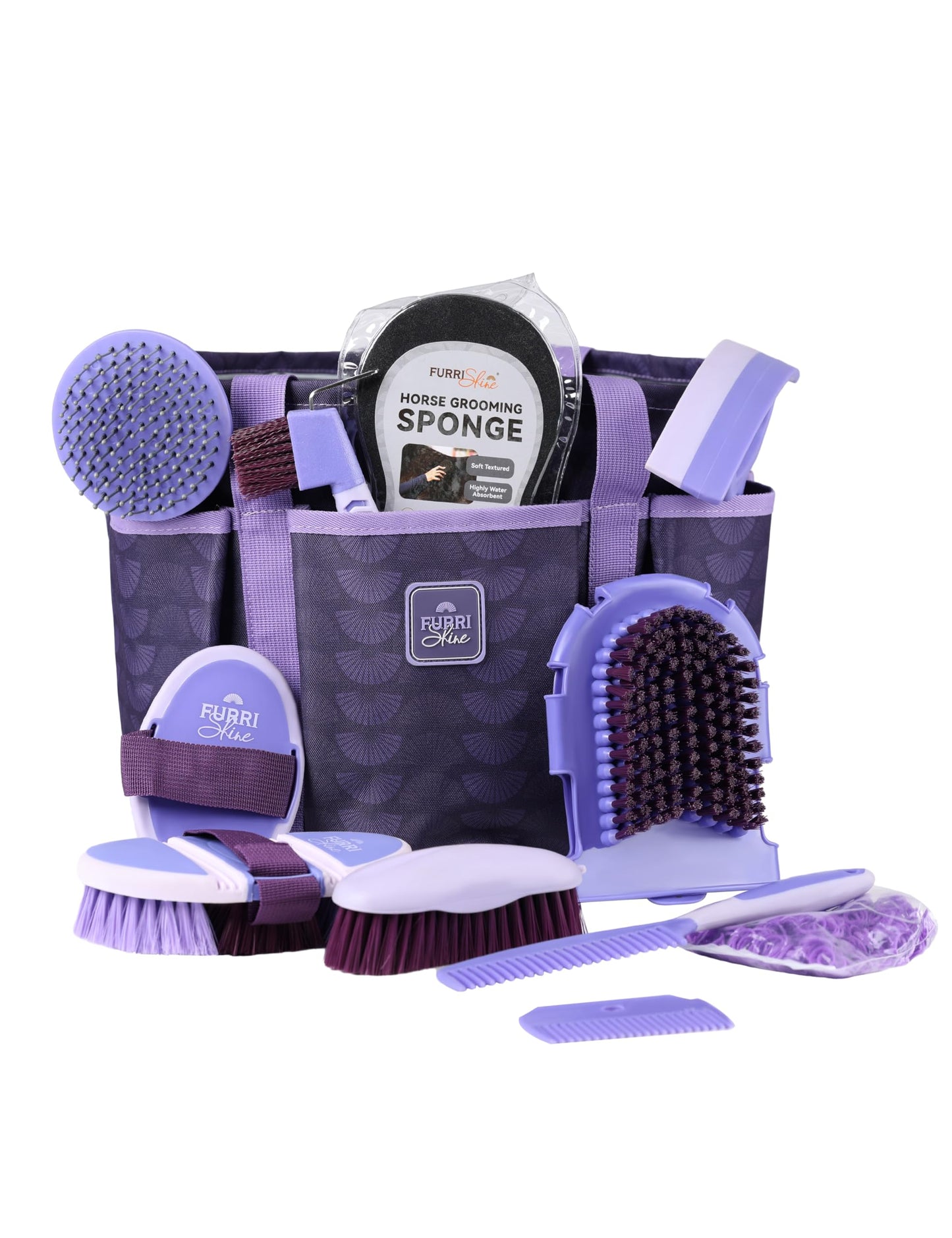 Furrishine 11PCS Horse Grooming Kit Curry Comb Sweat Scraper Horse Bathing Supplies Grooming Tools with Storage Bag Sugar Taro
