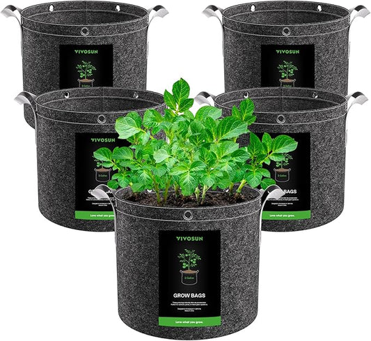 VIVOSUN 5-Pack 3 Gallon Grow Bags, 500G Thick Nonwoven Fabric Pots with Strap Handles, Multi-Purpose Rings, for Low Stress Plant Training Fruits, Vegetables, and Flowers