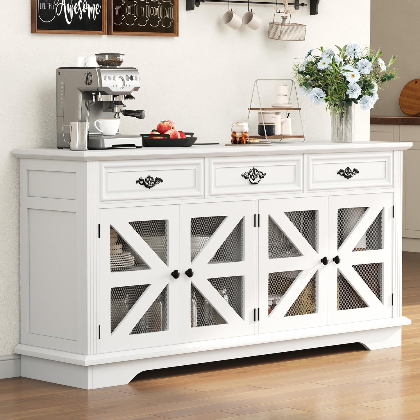 63" Farmhouse Buffet Cabinet with Storage, Sideboard Cabinet with Adjustable Shelves, Charging Station, 3 Drawers & 4 Mesh Barn Doors, Large Coffee Bar Accent Credenza for Dining Living Room- White