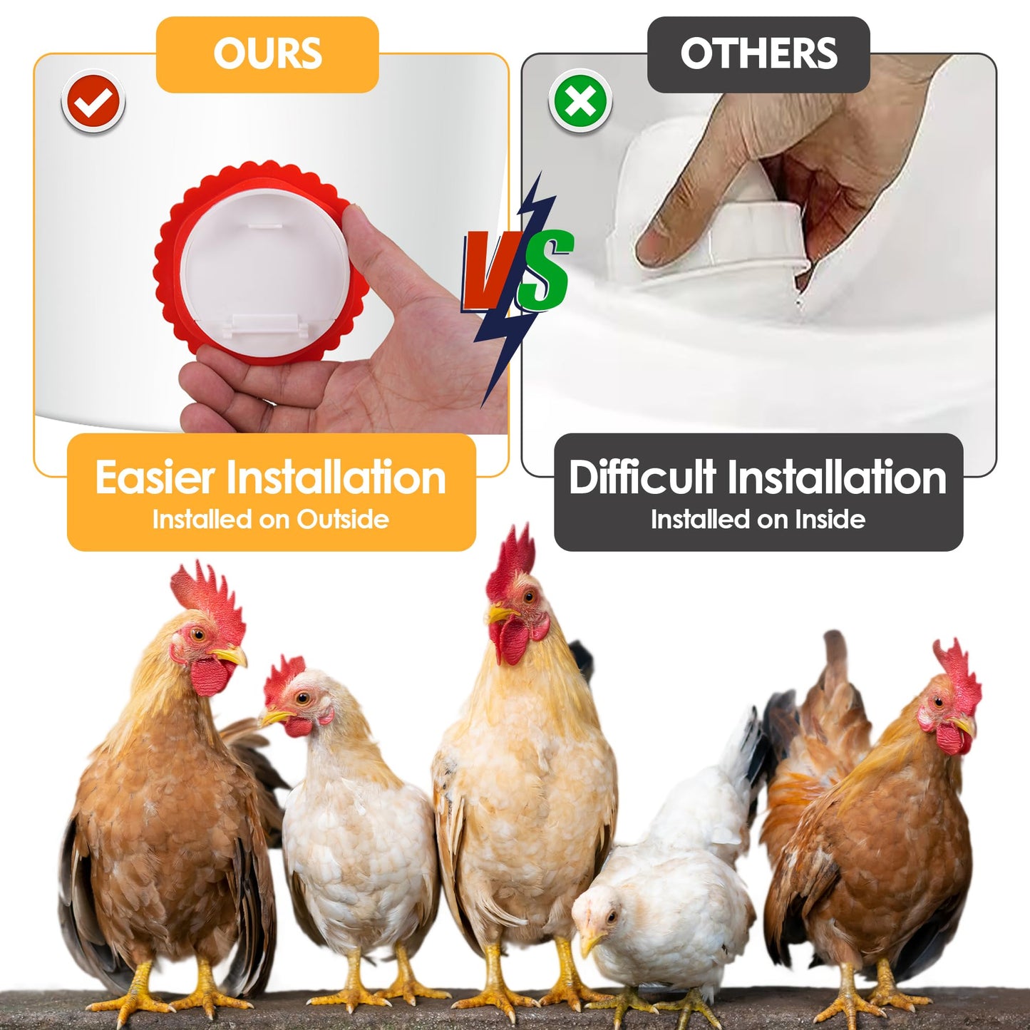 4Pcs Chicken Feeder Port, 3rd Gen Automatic Chicken Feeder No Waste, Waterproof Chicken Feeders with Raised Baffle & 1 Drill Bit, Poultry Feeder for Buckets, Barrels, Bins, Troughs