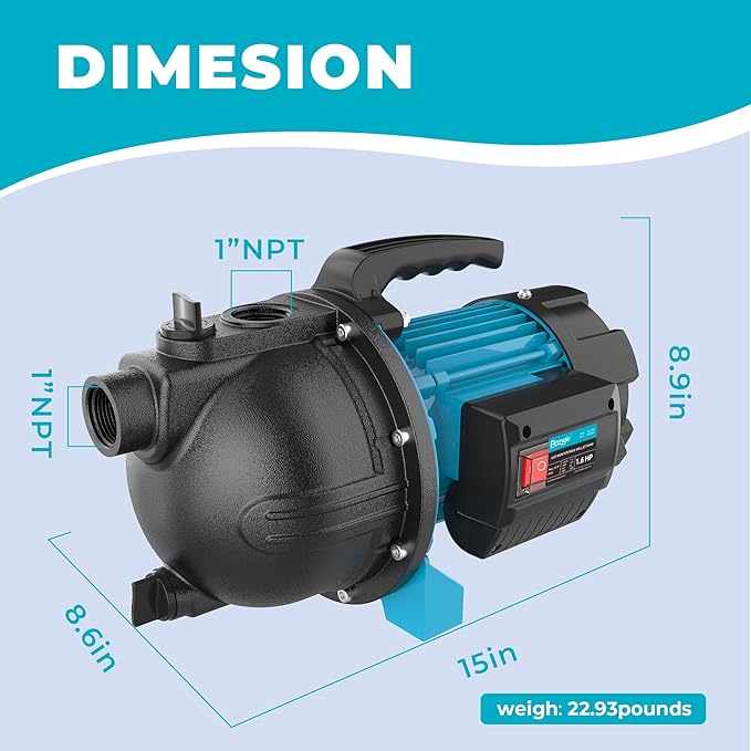 1.6HP Shallow Well Garden Pump, Water Transfer Pump, Home Lawn Draining Irrigation, Pressure Booster, Sprinkler, Jet, 1200GPH 115V Portable Cast Iron
