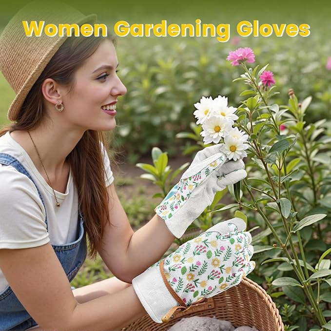 Gardening Gloves Thorn Proof, Breathable Garden Gloves for Women, Leather Work Gloves for Pruning, Planting