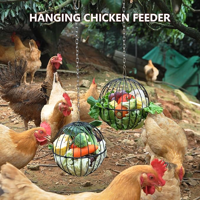Hanging Chicken Feeder, 7.4 Inch Metal Large Chicken Ball Cage,Hen Food Rack, Chicken Feeding Supplies, Chick Coop Accessories.2pcs Black