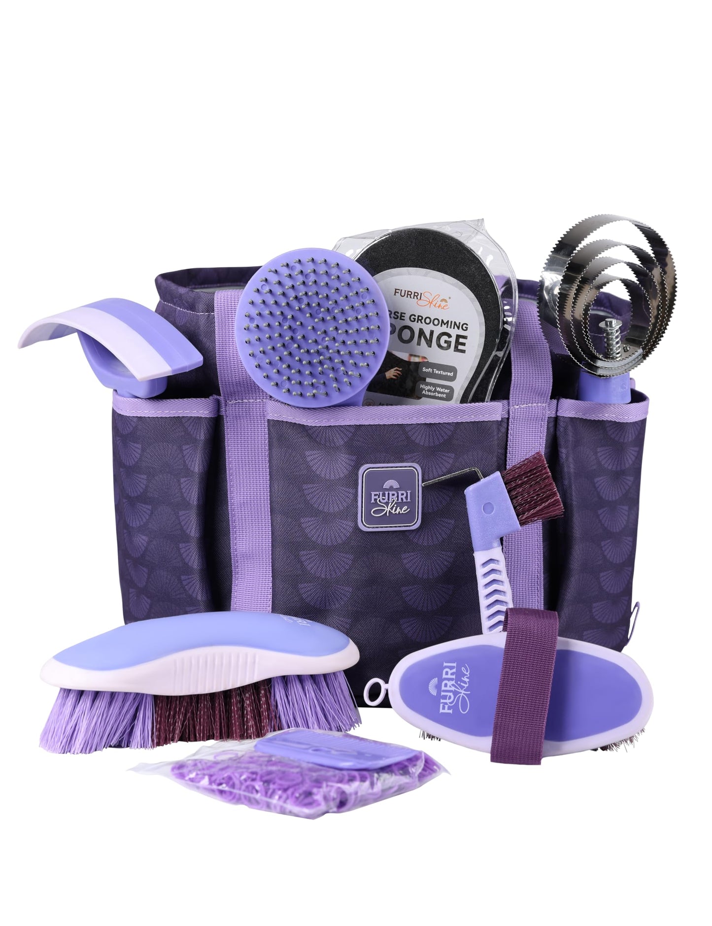Furrishine 9PCS Horse Grooming Kit Curry Comb Sweat Scraper Horse Bathing Supplies Grooming Tools with Storage Bag Sugar Taro