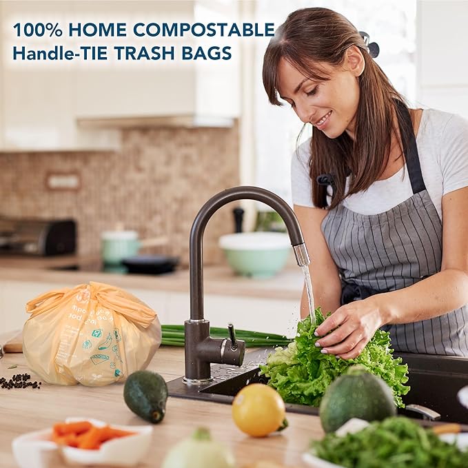 1.6 Gallon Compostable Handle Tie Garbage Bags, Small Trash Bags for Countertop Bin, Extra Thick 0.78 Mils, Certified US BPI ASTM D6400, 6 Liter, 50 Count