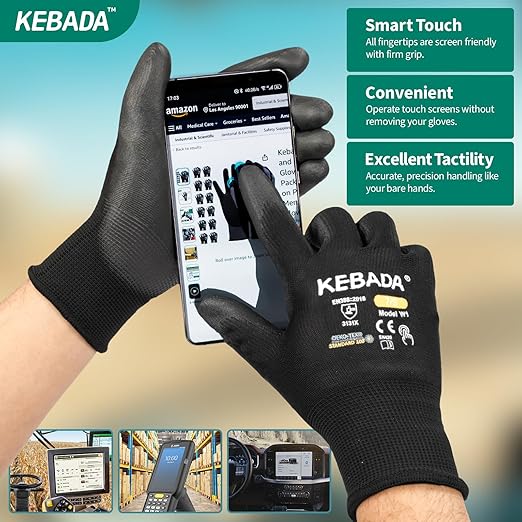 Kebada W1 Safety Work Gloves, PU Coated Touch Screen Work Gloves with Grip, Bulk Pack Working Gloves for Warehouse, Construction, Gardening and Mechanic Use, Black, 50 Pairs, X-Small