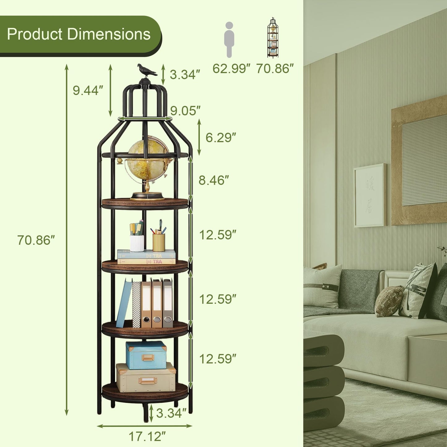 NicBex 70.86" Narrow Bookcase Bookcase with Bird Cage Design,4-Tier Bookshelf Storage Organizer,Metal Plant Stand for Bedroom, Living Room, Office, Brown & Black