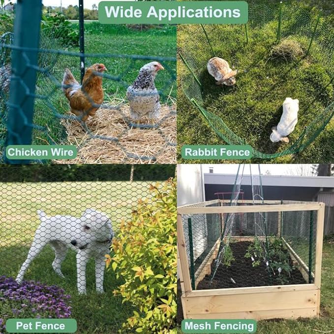 Chicken Wire for Crafts, Wire Netting Hexagonal Garden Poultry Chicken Wire Netting, Pet/Rabbit/Chicken Wire Fencing,0.8inch Hexagonal Galvanized PVC Coated Mesh Fence (Green, 13.7"x118")