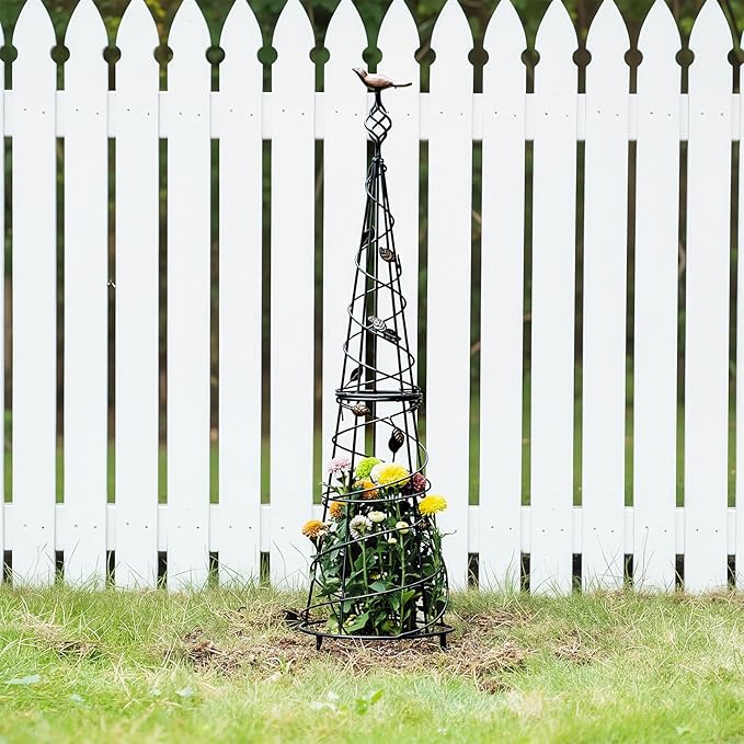 Garden Obelisk 40.5 Inch Metal Trellis for Climbing Plants - Sturdy Support for Rose Bushes & Tall Vines, Featuring Decorative Bird and Leaf Elements, Perfect for Garden Decor