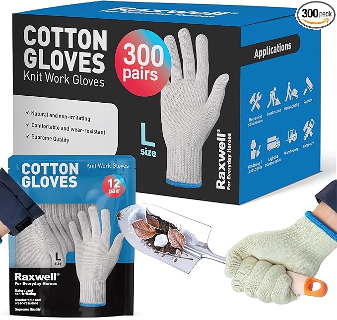 Raxwell White Cotton Gloves, 300 Pairs Bulk Case – Durable Knit Work Liners for BBQ, Painting, Gardening, Industrial, Mechanical Use, Large Size, Breathable, Comfortable