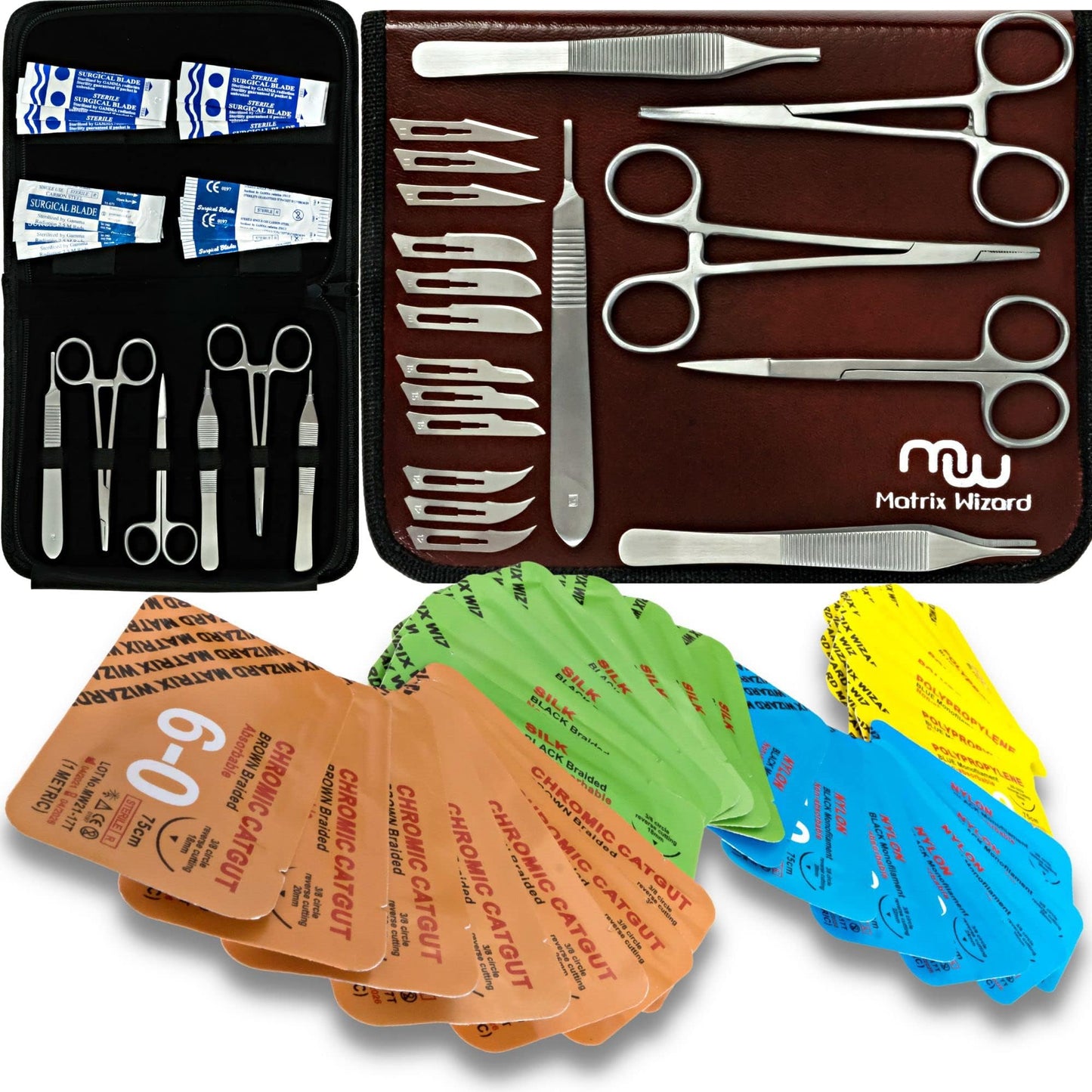 Sterile Sutures Thread with Needle Plus Tools: Extra Large Mixed Dissolvable and Non-Dissolvable Suture 47 Unit Set - Emergency Camping Hiking First Aid Demo, Surgical Wound Closure Training, Vet Use