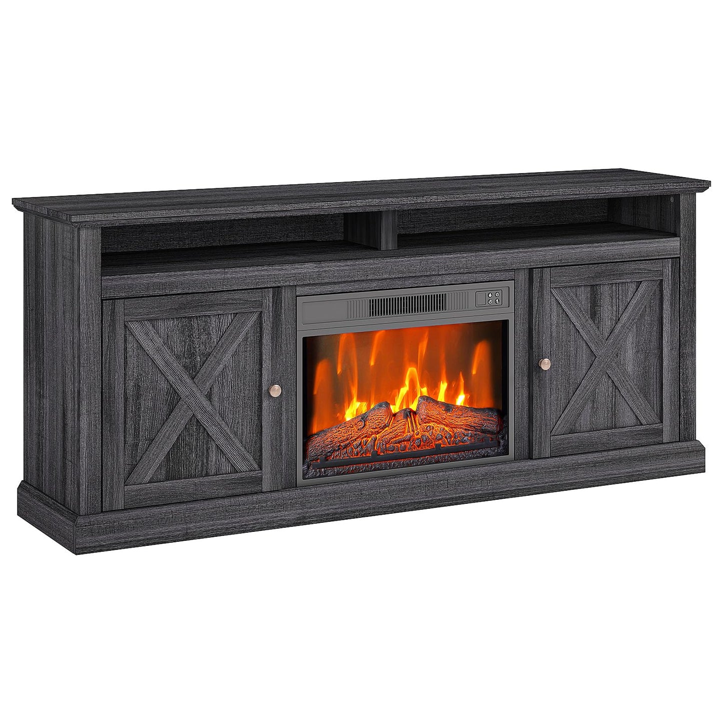 Electric Fireplace Tv Stand for Tvs Up to 67 Inch, Farmhouse 23" Remote Control Fireplace Entertainment Center with Sliding Barn Door, Storage Cabinets/Adjustable Shelves for Living Room