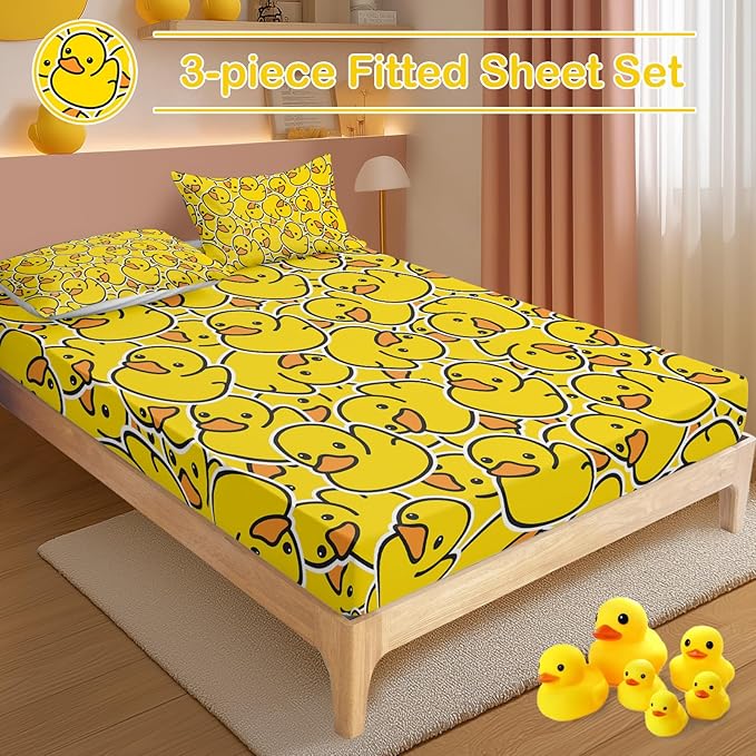 Yellow Rubber Duck Fitted Bed Sheet Set Kids Soft Microfiber Breathable Bedding All-Round Elastic Pocket 3 Pieces Fitted Sheet Set for Boys and Girls (California King)
