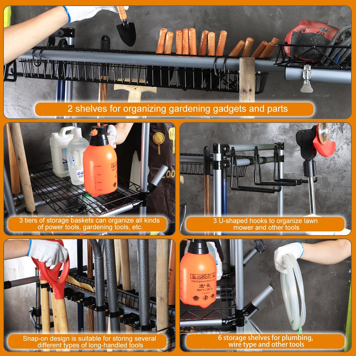 QTJH BIG Garden Tool Organizer with Wheels - Rolling Storage Rack - Multifunctional Cart