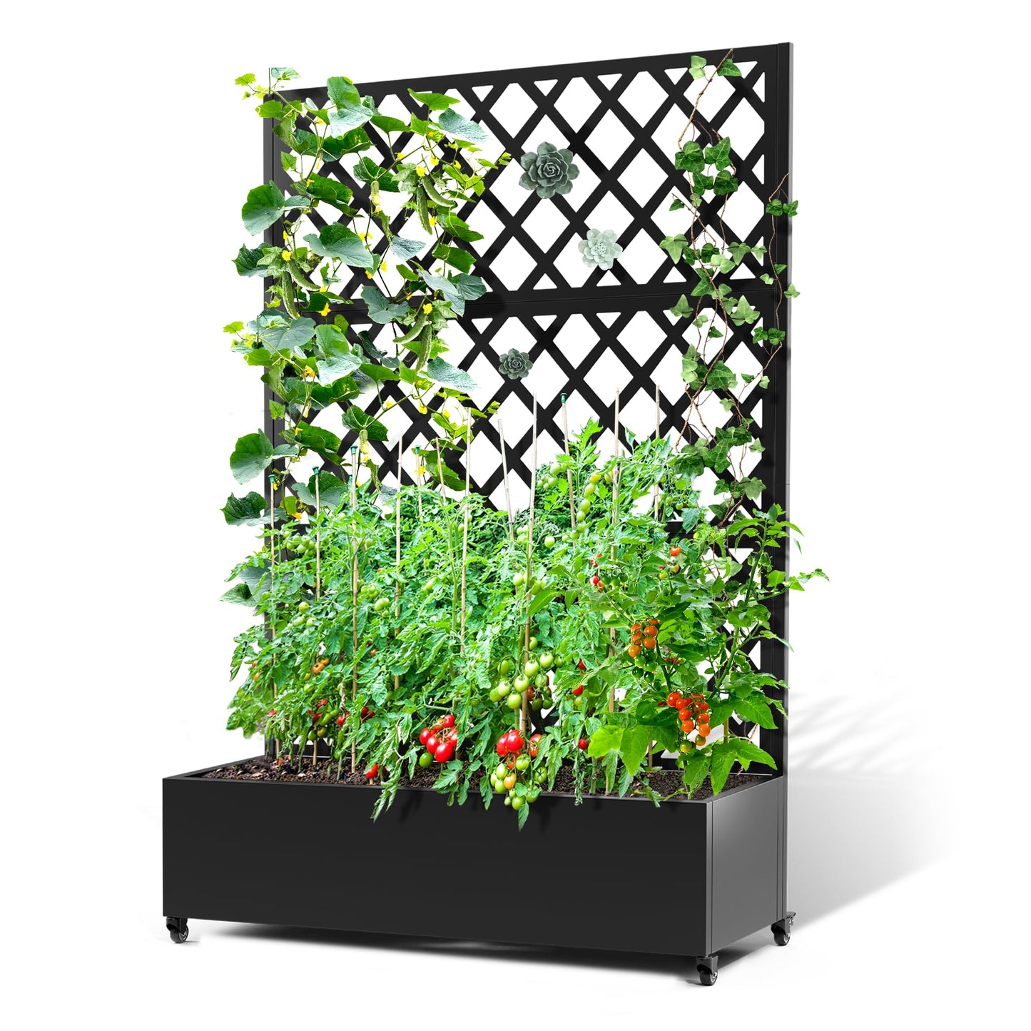 TUYOHW Metal Planter Box with Trellis & Wheels, Raised Garden Bed with Privacy Screen, Outdoor Standing Flower Beds with Drainage Hole for Climbing Plants, Vine, 47.2''L×15.7''W×70.9''H, Black