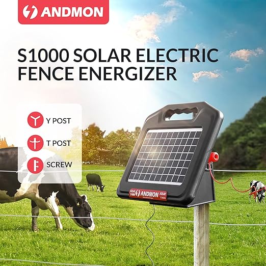 S1000 1 Joule Solar Fence Charger, 40 Miles Solar Electric Fence Charger for Livestock, Horses, Cattle Sheep, Portable and Super Tough