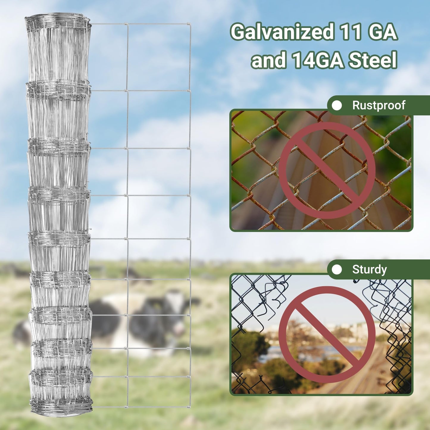 Toriexon Farm Fence 4FT x 164FT, Livestock Fence, Goat Fence, Galvanized Cattle Fence, Heavy Zinc Coating Wire Fencing, Hog Wire Fencing Perfect for Pest Control, Livestock & Animals Protection