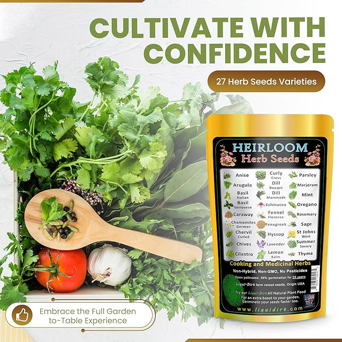 Herb Seeds 27 Varieties Liquidirt Heirloom Culinary and Medicinal - Over 12,000 Seeds - Non-Hybrid and No Chemicals and Non-GMO Survival Garden Seed Bank