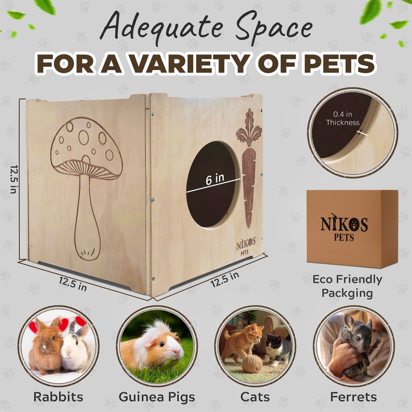 NIKOS PETS - Wooden Rabbit Hideout, Rabbit Bed, Indoor Hutch, Bunny House Pet for Bunnies, Guinea Pigs, Outdoor Shelter Hut, Small Animal Hideaway, Bunny Playground (12.5 x 12.5 in)